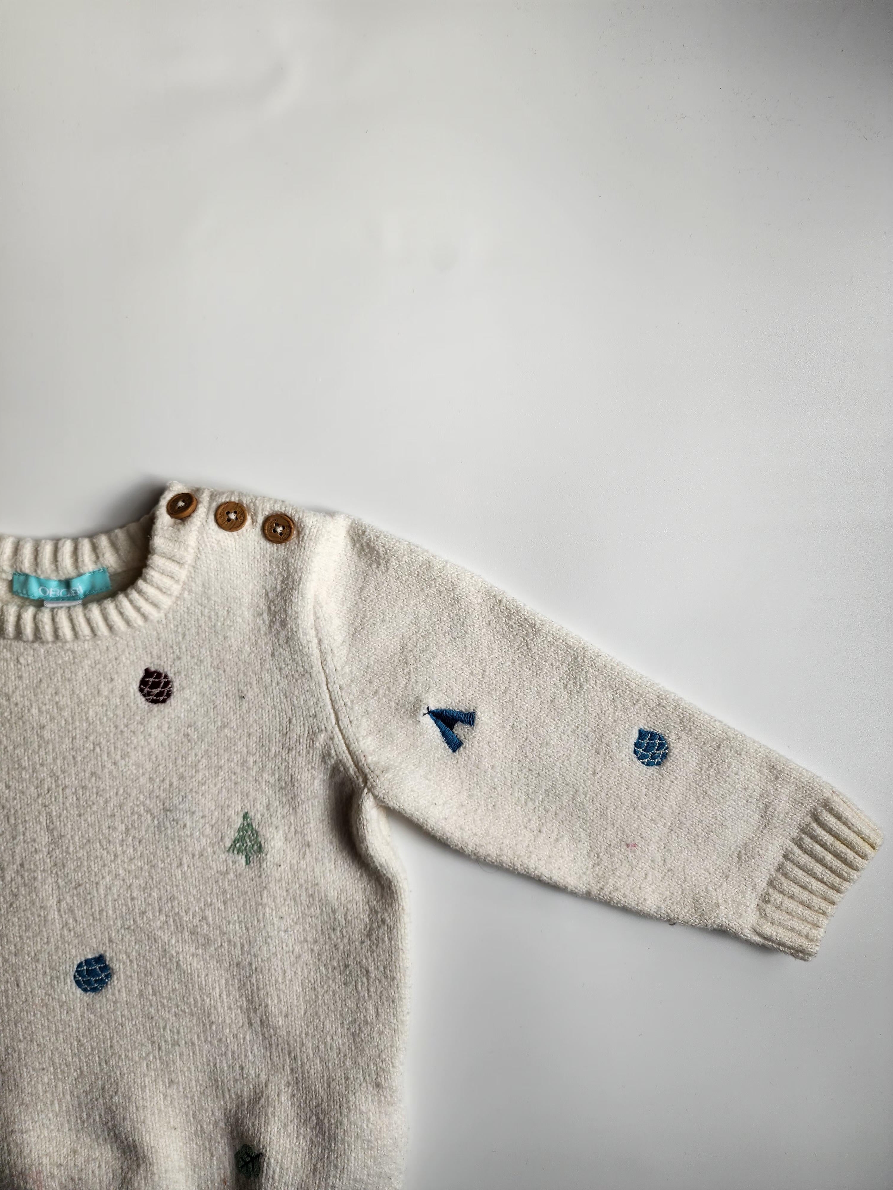 Pull Obaïbi – 18 mois – Blanc motif festif – Bon état