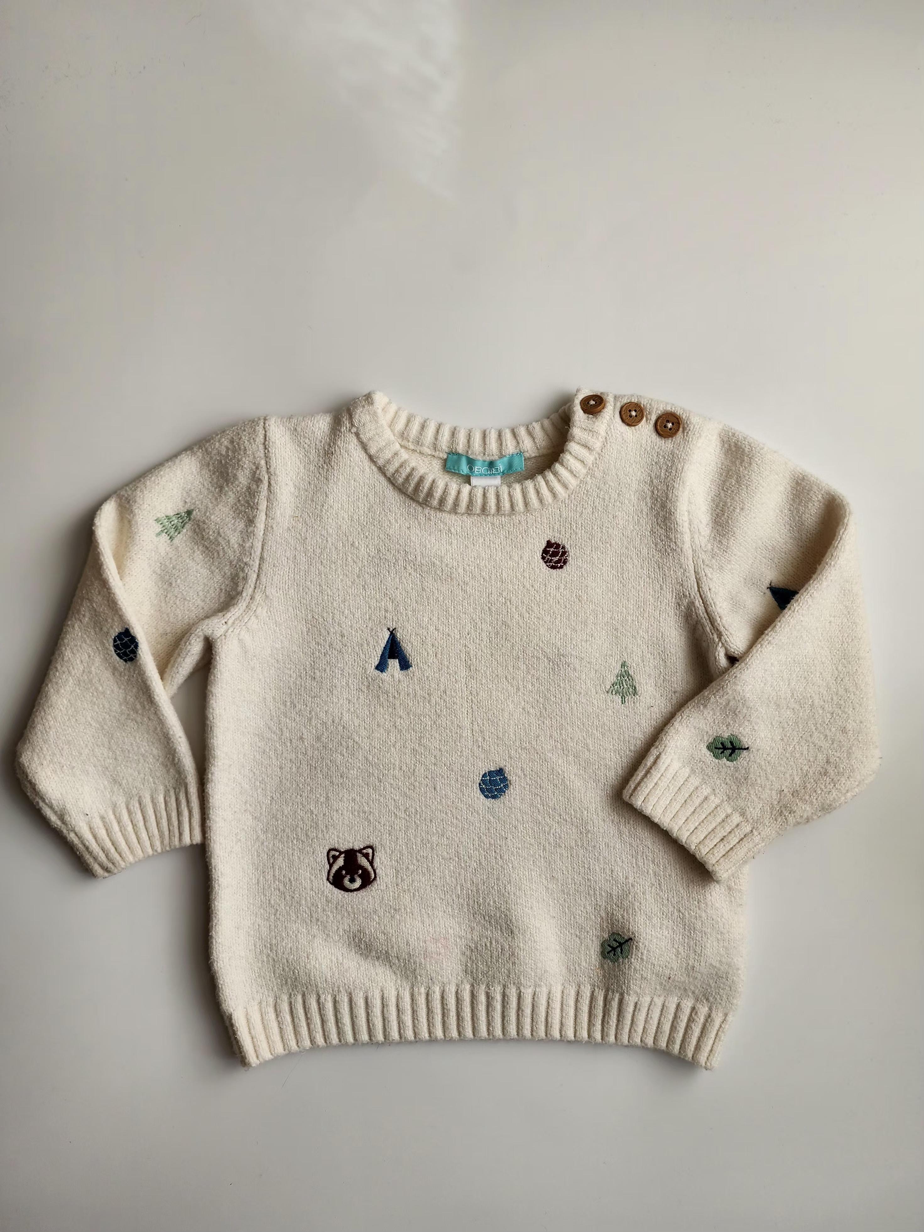 Pull Obaïbi – 18 mois – Blanc motif festif – Bon état